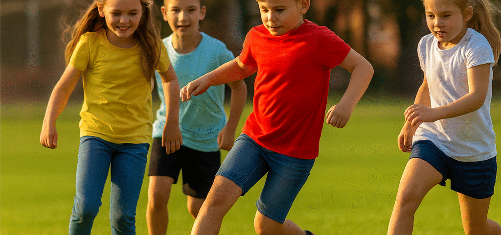 Czwórka dzieci grająca w piłkę na boisku – grafika promująca szkolne ubezpieczenie NNW z logo „U Sławka”.